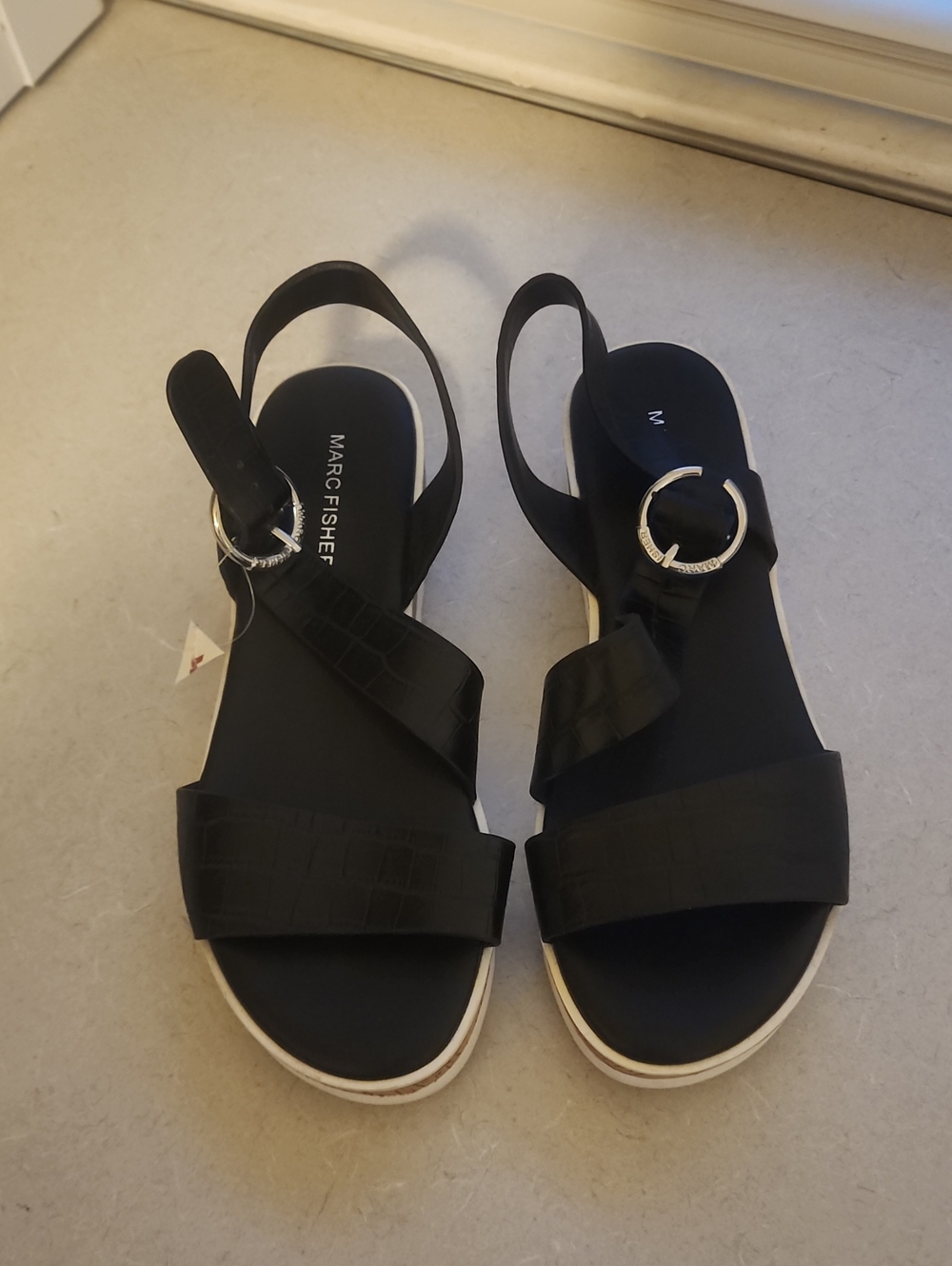 Marc Fisher Black Croc-Embossed Slide Sandals with Silver Buckle